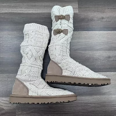 Women’s Ugg Boots Kalla Sock Creme Button Cozy Knit Argyle Size 5 NEW • $78.95