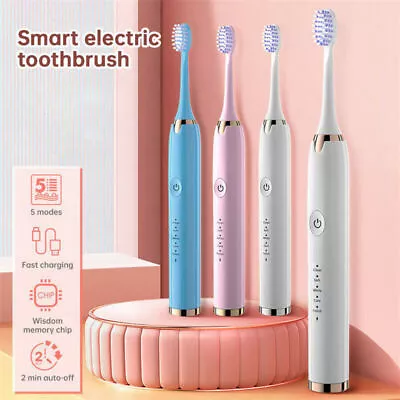 $13.97 • Buy Electric Sonic Toothbrush USB Rechargeable Waterproof 5 Modes+3Replacement Heads