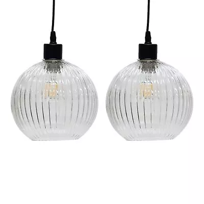 Set Of 2 Clear Ribbed Glass Globe Easy Fit Pendant Shades Ceiling Lightshades • £34.99