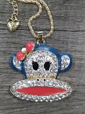 Eclectic Whimsical BLUE CARTOON MONKEY FACE Rhinestone Pendant Necklace • $15