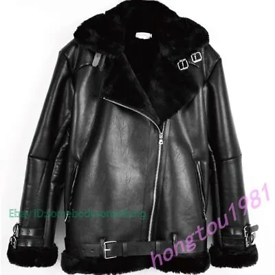 Mens Chic Fur Lining Lapel Collar Leather Warm Flight Jacket Black Coat • $95.02
