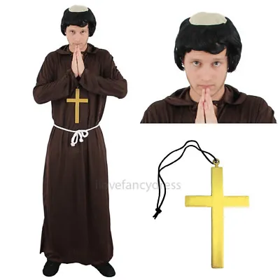 Monk Costume Robe Cross And Wig Fancy Dress Medieval Habit Friar Tuck Religious • £20.99