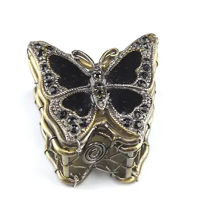 Vintage Bronze Black Metal Enamel Butterfly Open Work Filigree Trinket Box • $10.96