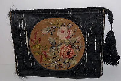 Antique Victorian Silk & Floral Tapestry Bag Petit Point Flowers Tasseled Vtg • $49.99