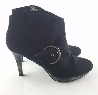 9 & Co Womens  JJRAIDEL  Black Faux Suede/Snakeskin Buckle Heel Booties (9.5 M)  • $19.99