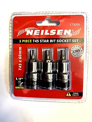 3pc T45 X 60MM TORX BIT SOCKET SET 1/2  Drive  NEILSEN CT3205 Chrome Vanadium • $7.40