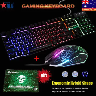 $38.99 • Buy Rainbow LED Backlit Ergonomic Gaming Keyboard And Mouse Set For PC PS4 Xbox One