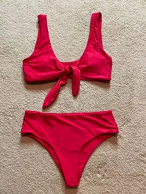 ZAFUL Padded Tie Front Knotted 2-Piece Bikini Mid-Waist Swimsuit Solid Red Set 6 • $9.99