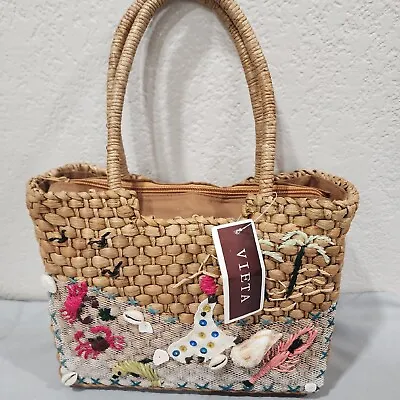NEW With Tags Womens Vieta Handbag STRAW Tote BAG Purse Seashells Sea Applique  • $21