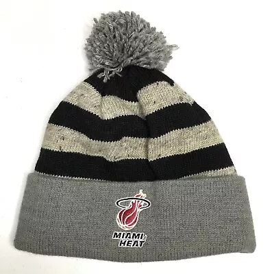 NBA Miami Heat Mitchell & Ness Gray Black Knit Pom Pom Beanie 100% Acrylic Hat • $11.50