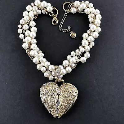 BETSEY JOHNSON Multi-Strand Pearl Statement Necklace HUGE Angel Wings Mirror WOW • $124.99