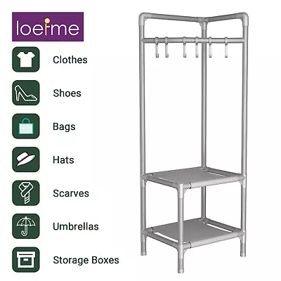 2 In 1 Corner Metal Coat Clothes Stand Rack Hat Shoes Racks Thicken Hanger Shelf • £17.99