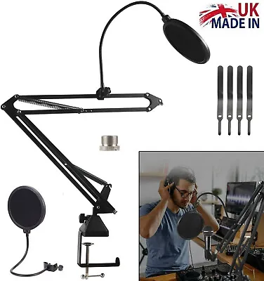 Professional Microphone Desk Arm Stand Mount Boom Scissor Mic Holder Pop Filter • £11.89