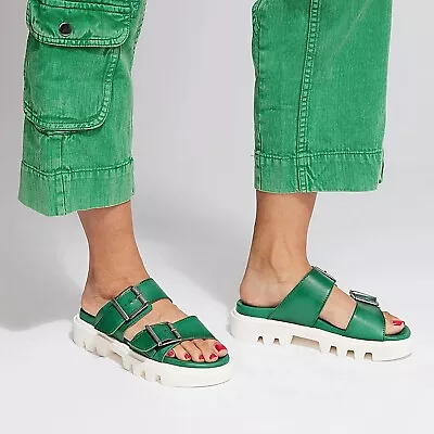 New Miz Mooz Peyton Leather Buckled Two Band Slide Sandals Green EU 41 US 9.5-10 • $42.49