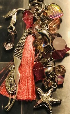 Mermaid Pink Ocean Beach Starfish  Glass Beads Purse Tassel Backpack Charm Clip • $15.25