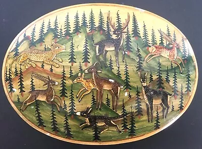 Vintage Kashmir Hand Made Painted Oval Suffering Moose Deer Paper Mache Box  • $24.99