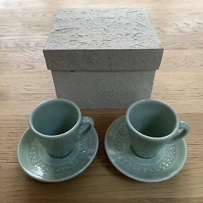 Celadon Pale Green Glaze Espresso/Coffee Cups And Saucer Set Of 2 Gift Boxed • £9.99