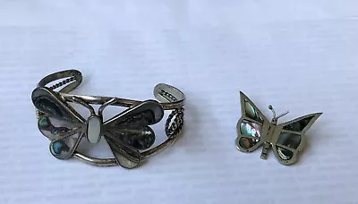 Vintage Alpaca Mexico Jewelry Cuff Bracelet & Brooch Abalone Butterfly • $40
