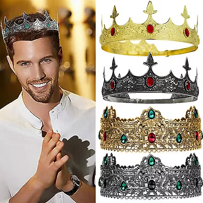 Vintage Crystal Full Round Gold King Crown Medieval Men's Crown Metal King Crown • $19.98