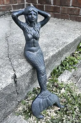 Sitting Mermaid Cast Iron Dark Blue Colored 17  Long Nautical Statue • $105.23