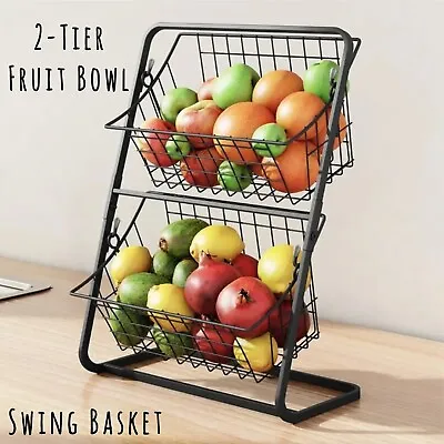 2 Tier Fruit Bowl Kitchen Storage Mesh Basket Holder Vegetable Rack Organizer • £18.99