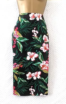 F&F Womens Pencil Skirt Sz 12 - Black Multi Tropical Floral Print Summer Cruise • £7.35