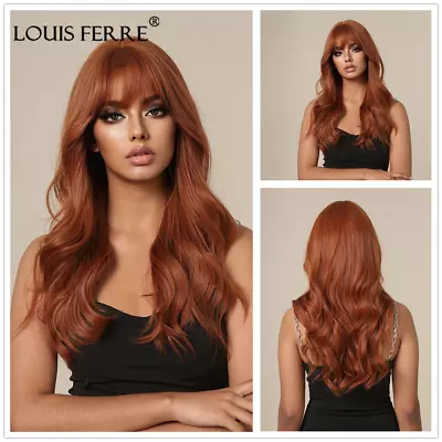 Women Long Orange Brown Wigs With Bangs Synthetic Natural Soft Wavy Daily Use • $20.19