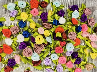 Roses Satin Ribbon Flowers Buds 25/50 Pc Wedding Sewing Card Decor Pink Red • £1.99