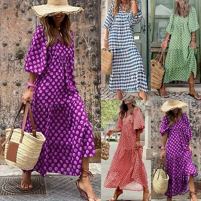 Women 3/4 Sleeve BOHO Printed Maxi Dress Casual Party Beach Baggy Tunic Dresses • $42.03