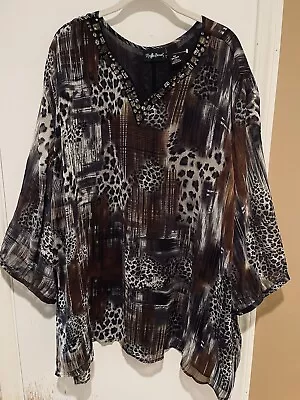Maggie Barnes Plus 5X 34/36W Shirt Top Sheer Beaded Animal Print Blouse NWOT • $26