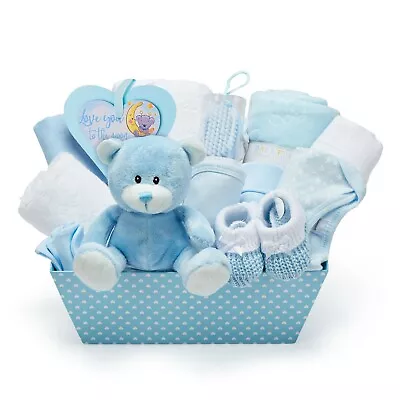 Baby Gift Set In Blue - With Fleece Hooded Towel Baby Clothes 2 Muslin Cloths • £29.99