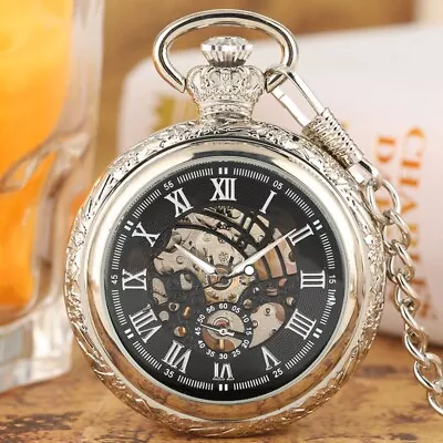 Men's Bronze Mechanical Pocket Watch Open Face With Pendant Chain Skeleton Dial • £20.27