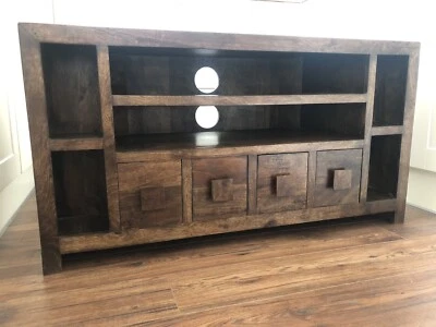 £199.99 • Buy Modern Solid Mango Wood Corner Entertainment TV Unit With Shelves And 4 Drawers 