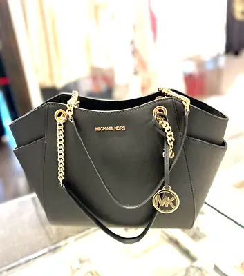 Michael Kors Jet Set Travel Large Leather Chain Shoulder Tote Handbag In Black • $119