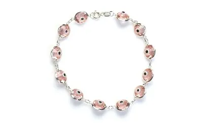 $9.99 • Buy Solid 925 Sterling Silver 10MM Pink Crystal Evil Eye Charm Bracelet - 7.5 