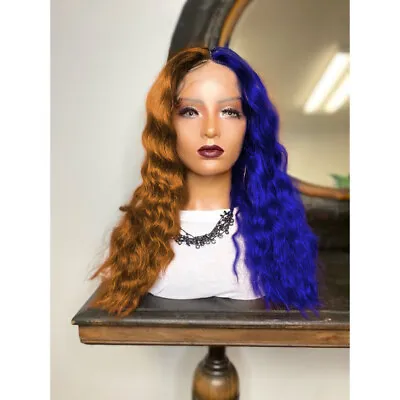 Long Body Wave Half Brown Orange Half Blue Synthetic Lace Front Wig Glueless Cos • $30.39
