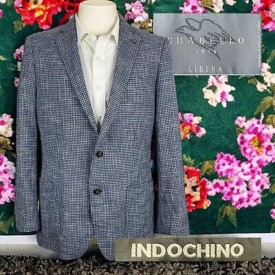 Indochino Sport Coat Blazer Mens 40L Light Blue Houndstooth Linen Cotton Wool • $59.40