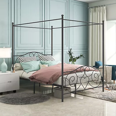 Metal Canopy Bed Frame Vintage Style Headboard & Footboard Easy DIY Assembly • $200.11