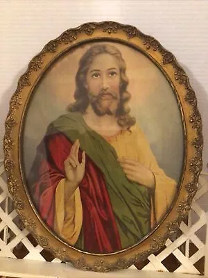 Vintage Jesus ornateoval Framed Print Picture Hanging 13” X 16” • $38