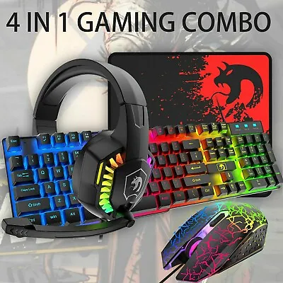 $55.99 • Buy 4 In 1 Gaming Keyboard,Mouse,Pad And Headset Combo RGB Backlit For PC Gaming PS4