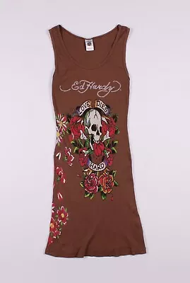 Vintage Y2K Ed Hardy Scull Print Rib Bodycon Brown Mini Dress Size OS • $90