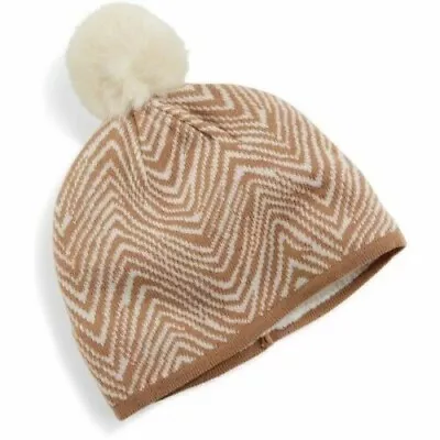 Vera Bradley Tan Beige Zebra Intarsia Beanie Hat Pom Pom Knit Winter NWT • $4.99