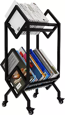 Bookshelf Book Cart Rack Industrial Metal Bookcase 2 Tier Holder With Wheels Mod • $99.99