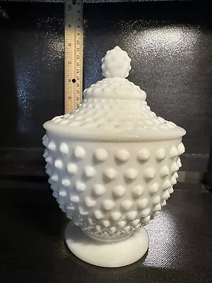 Vintage Fenton White Milk Glass Hobnail 7  Footed Covered Candy Dish W/ Lid • $24