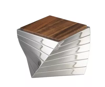 Nambe Twist Beverage Coaster Set Of 6 Acacia Wood And Alloy Metal - Silver • $155