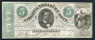 1862 $5 Virginia Treasury Note Richmond Va Obsolete Currency Note Unc (c) • $99.95