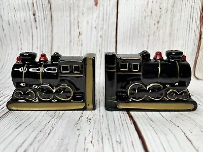 Vintage Black & Gold Ceramic Train Locomotive Book Ends Japan • £19.27