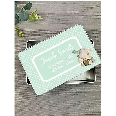 Personalised Green Elephant Baby Keep Sake Tin Memory Tin Keepsake Gift Idea • £12.99