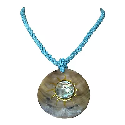 Round Mother Of Pearl Abalone  Pendant Seed Bead Necklace Button Loop Clasp Gift • $11.85