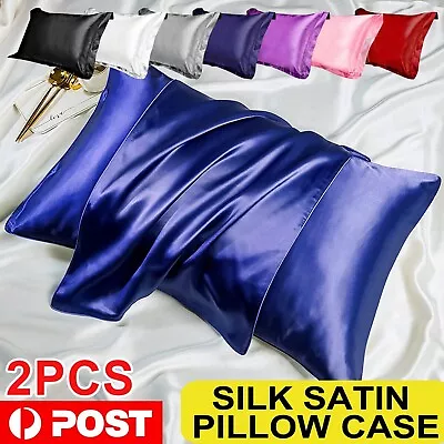 2Pcs Silk Satin Pillow Case Cover Solid Standard Bedding Smooth Soft Pillowcase • $25.99